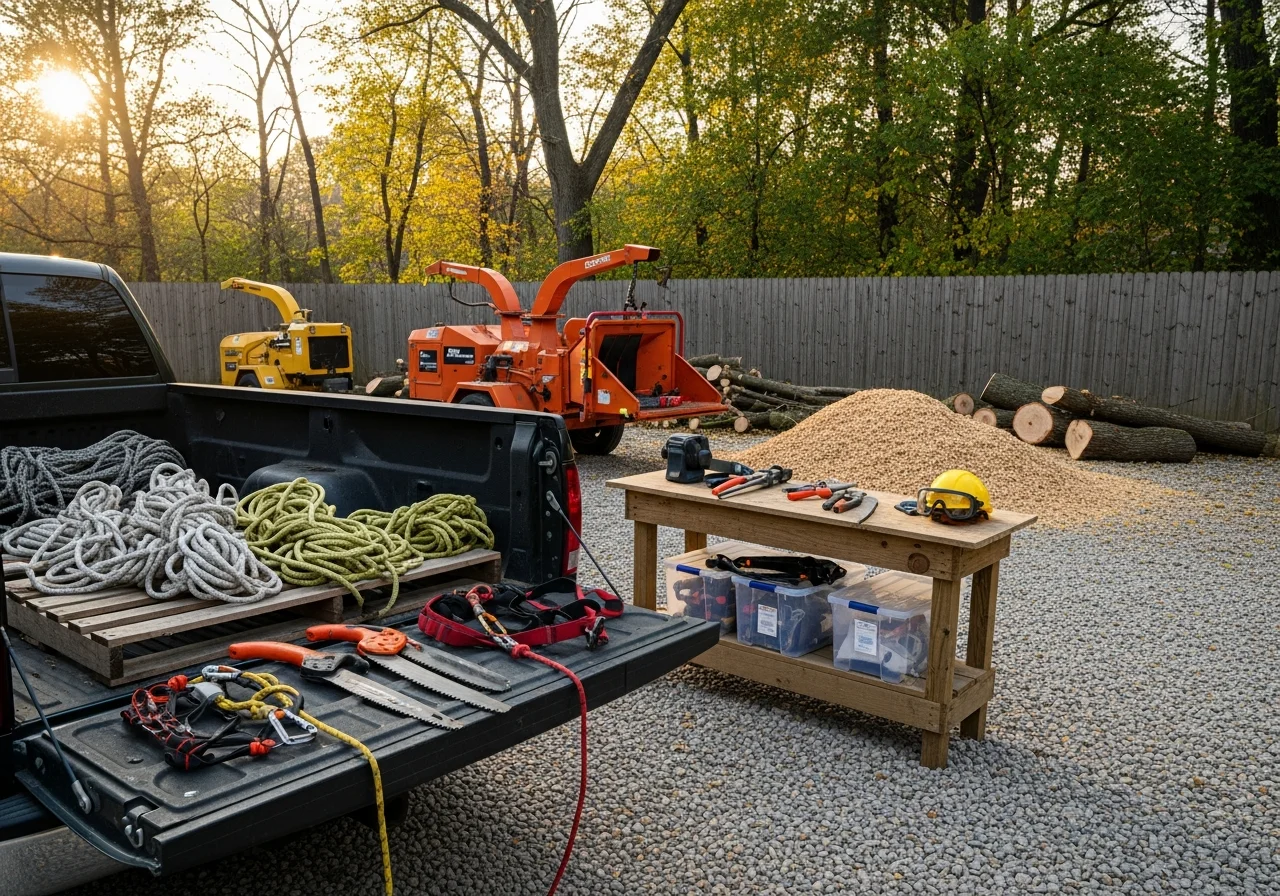 Landscaping crew with tools and equipment ready for tree service and outdoor construction work.