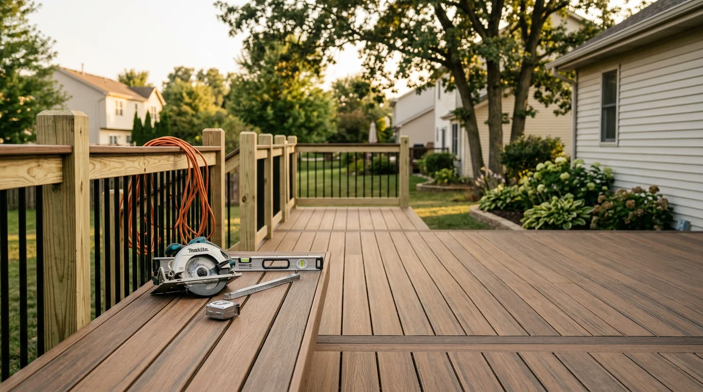 Custom wooden deck with pergola attached to a residential home in Aurora
