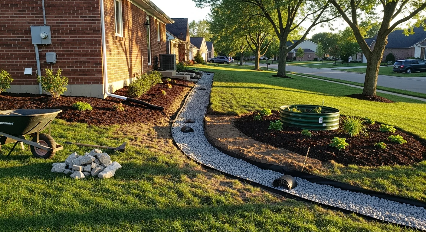 Installed water feature with proper drainage system in residential landscape