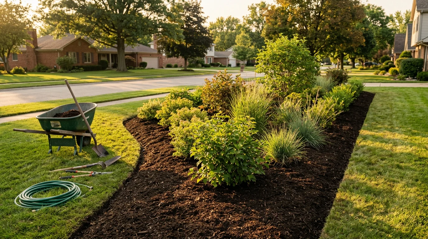 Newly landscaped residential yard with mulch beds, plantings, and landscape lighting in Aurora
