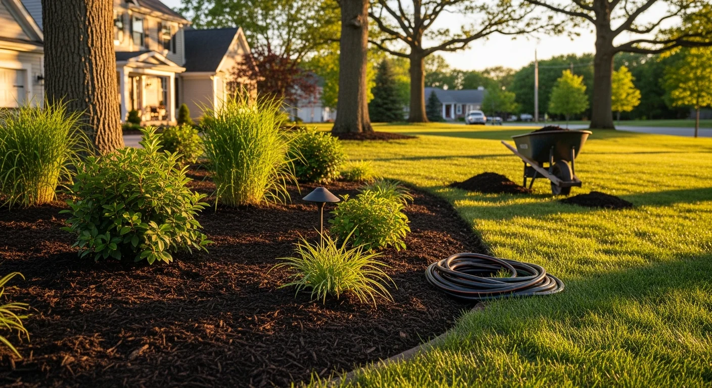 Professionally landscaped yard with lighting, plantings, and water feature