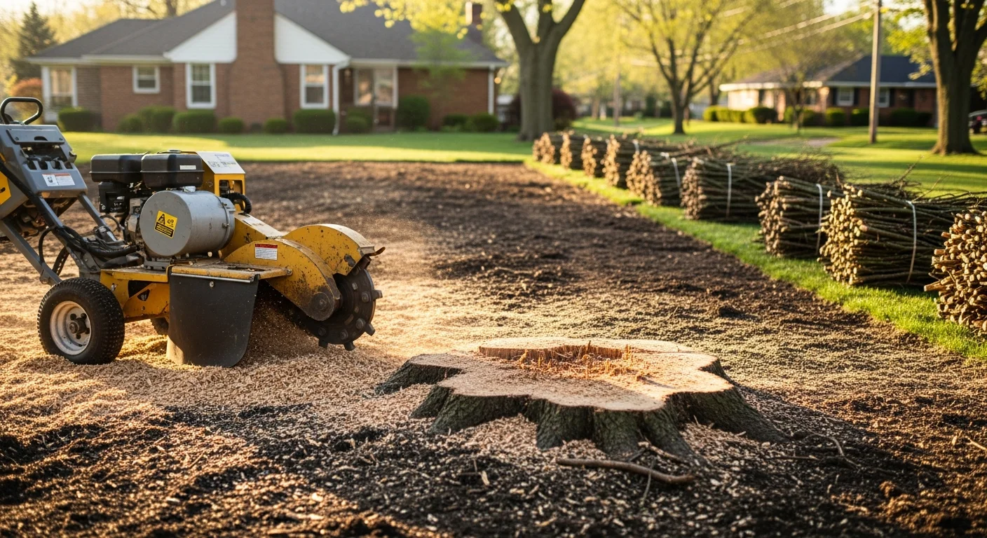 Professional arborist removing a large tree from a residential yard