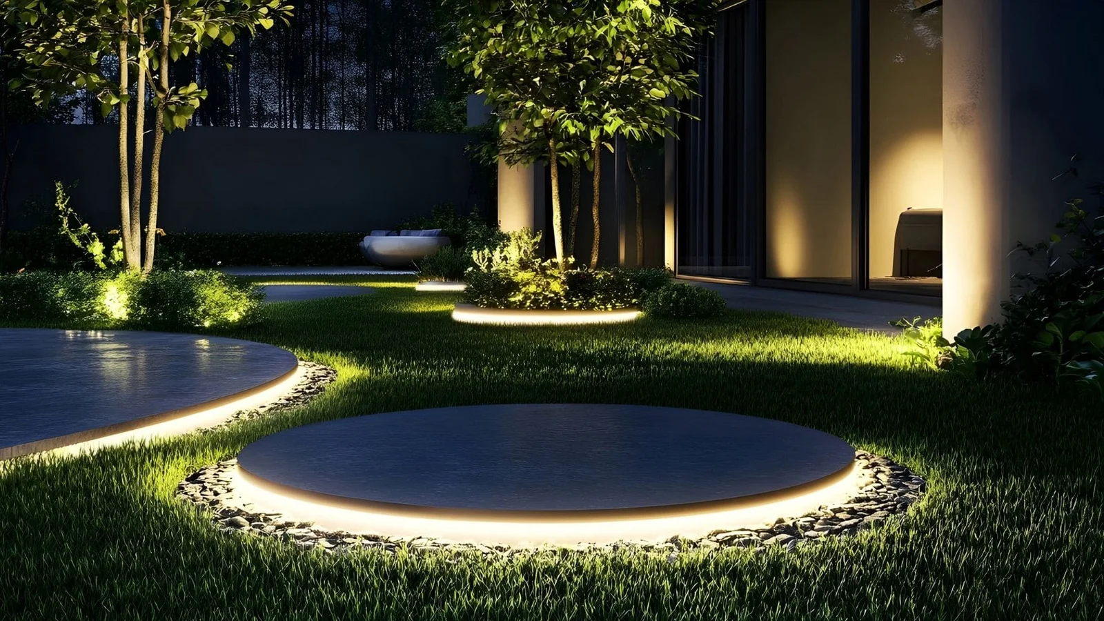 Illuminated courtyard with tall trees, circular paved areas, and uplighting on vegetation