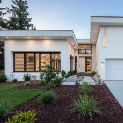 Modern home with dark mulch landscaping, ornamental grasses, and planted beds
