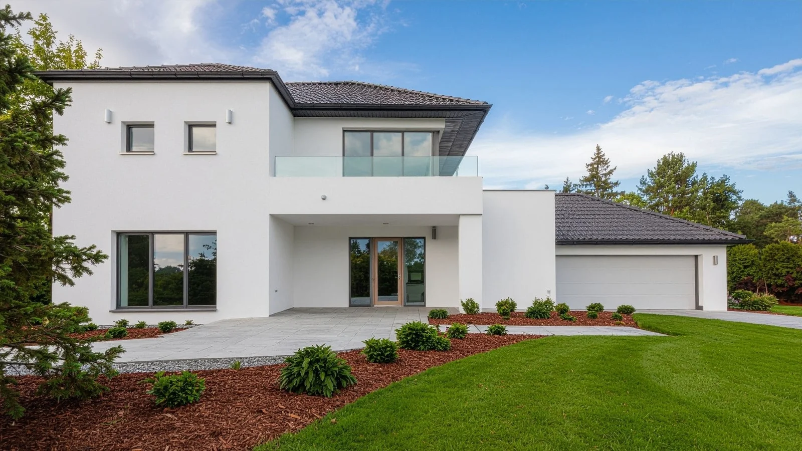 White modern home with new lawn, red mulch beds, shrub plantings, and mature trees