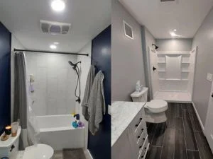Before and after bathroom renovation with new fixtures, cabinetry, and flooring
