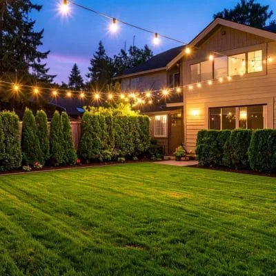 Illuminated residential yard with manicured evergreen hedges, lawn, and string lighting at dusk