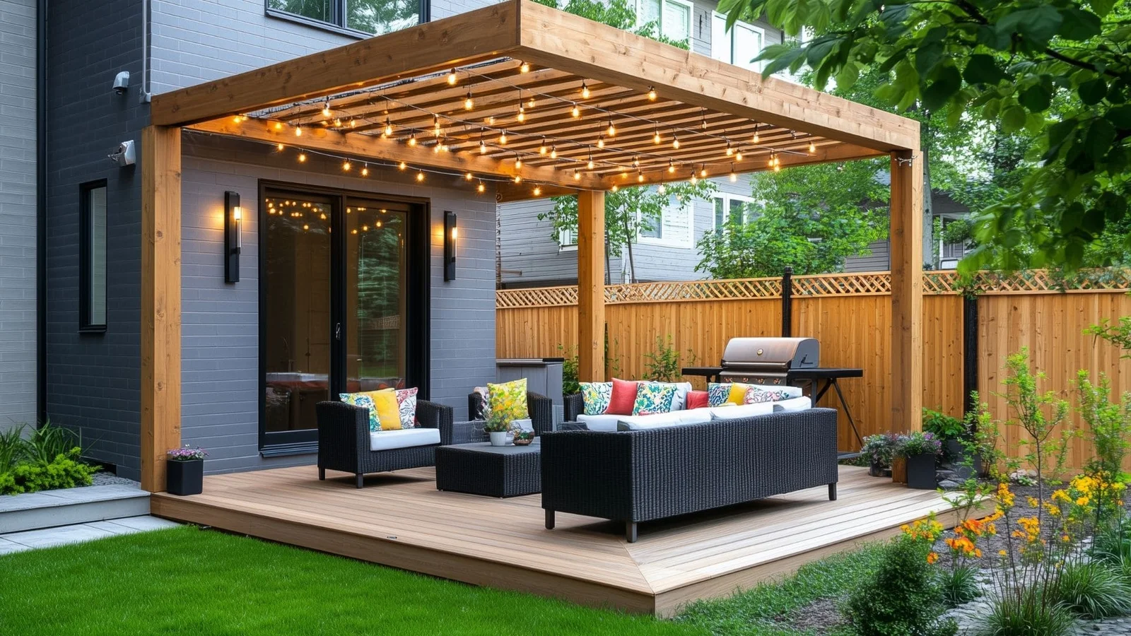 Cedar pergola with string lights over composite deck, black wicker furniture, and wooden fence