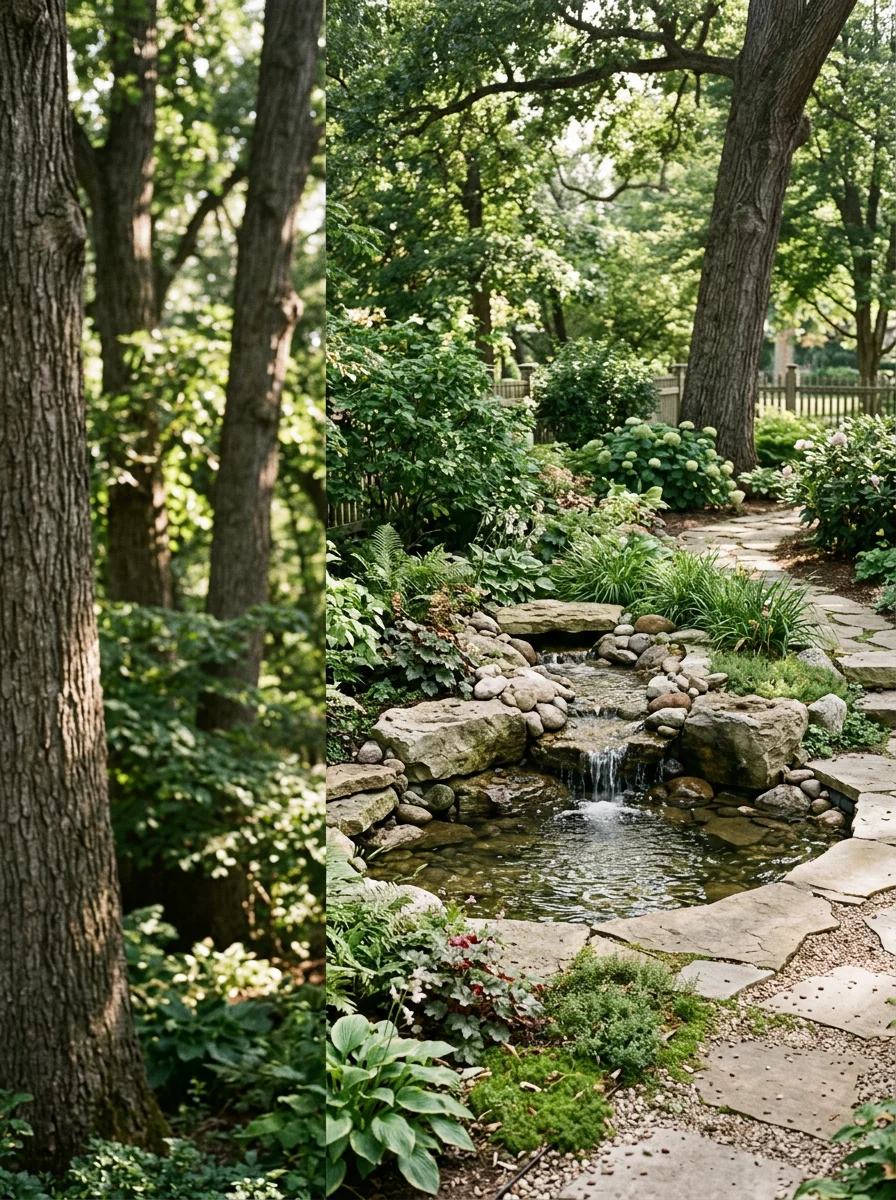 Recirculating water feature installed in a shaded backyard in Geneva's historic district, surrounded by mature trees and established planting beds along the Fox River corridor.