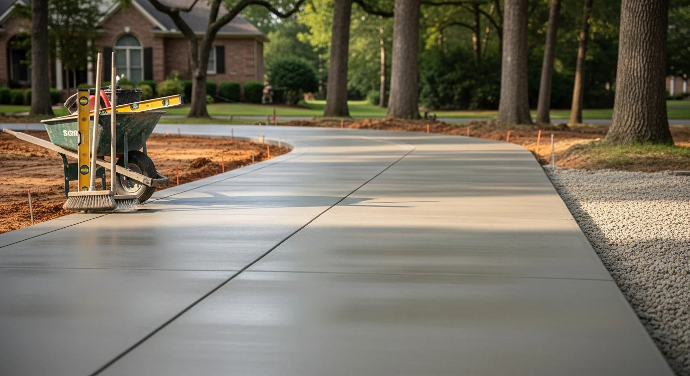 A freshly poured concrete driveway in front of a residential home in Batavia, Illinois, with a smooth broom finish and clean edges leading to an attached garage. The surrounding lawn and landscaping are intact, showing careful site work during installation.