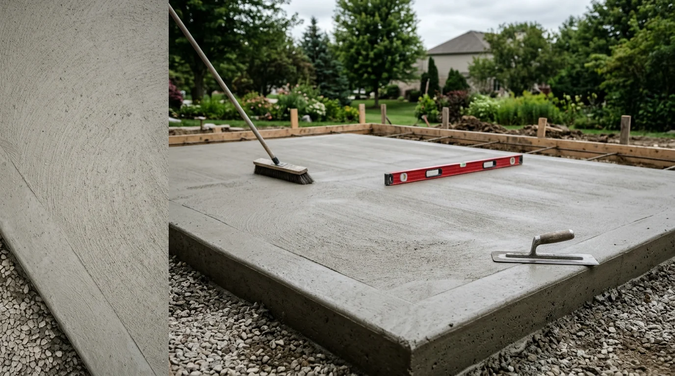 A freshly finished concrete slab at a residential property in Batavia, Illinois, showing a smooth, evenly graded surface with clean edges along a walkway. The surrounding yard reflects a typical Fox Valley home setting with established landscaping.