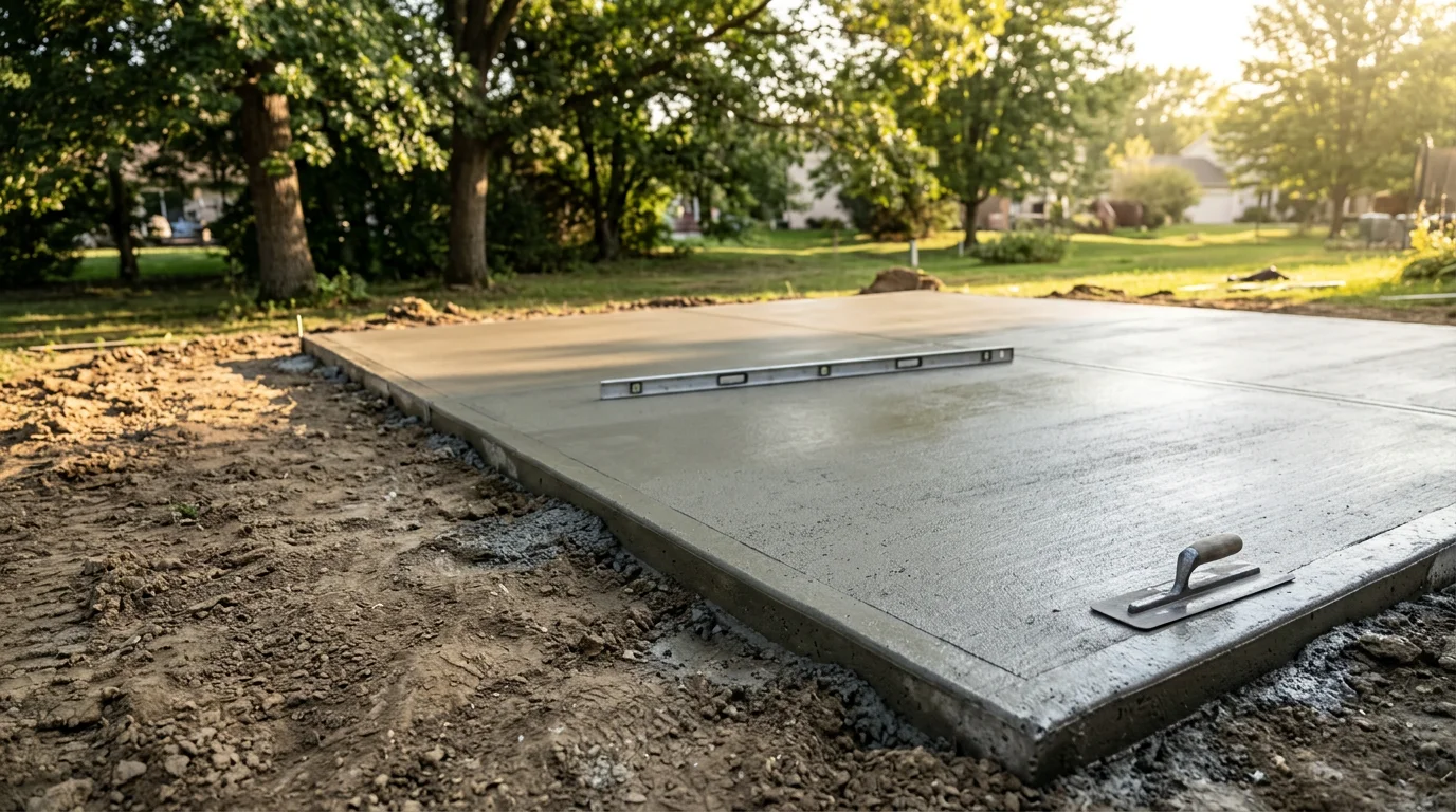 A freshly installed concrete patio behind a residential home in Batavia, Illinois, showing a smooth broom-finished slab with clean edges and a graded yard. The patio connects to the back of the house and is ready for outdoor furniture.