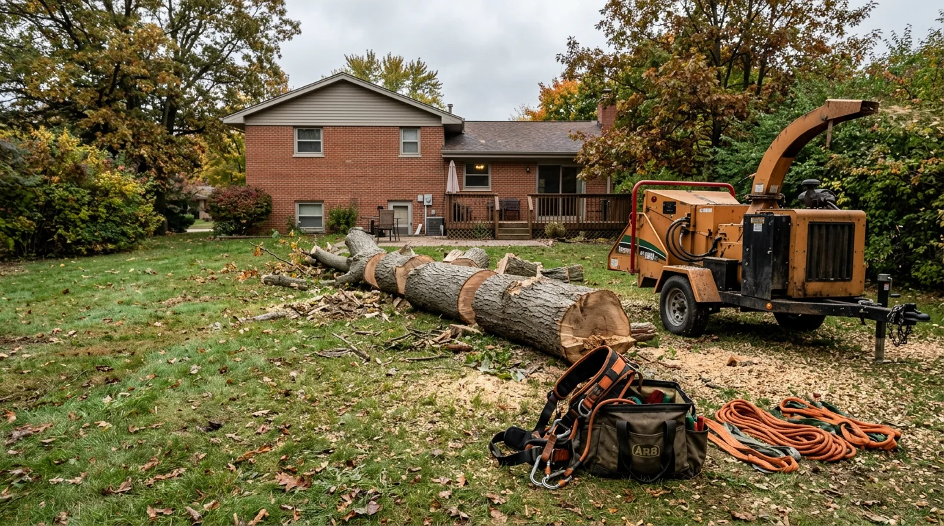 A large dead ash tree being removed in sections in a residential backyard in Batavia, Illinois, with a crew working around a wood fence and nearby structure. The tree shows bare branches and stripped bark typical of emerald ash borer damage.