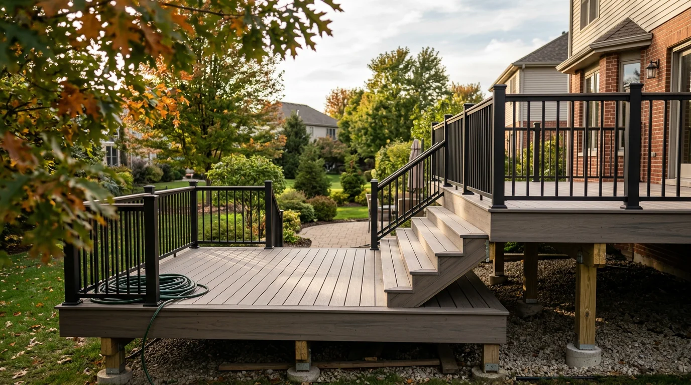 A newly constructed wood deck attached to a residential home in Batavia, Illinois, with clean railings and a backyard view. The deck surface and framing show quality finish work typical of a custom build in the Chicago western suburbs.