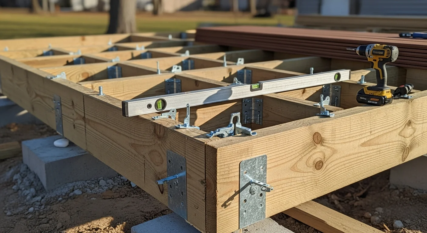 A newly installed wood deck attached to the back of a single-family home in Batavia, Illinois, featuring stairs and railings on a clear summer day. The deck extends into a residential backyard with a trimmed lawn and established trees along the property line.