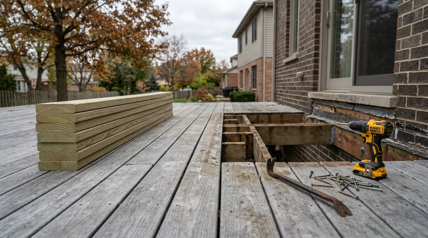 A repaired residential deck in Batavia, Illinois showing replaced deck boards and reinforced railings on a single-family home. Close view of solid post connections and flush fasteners after professional deck repair work.