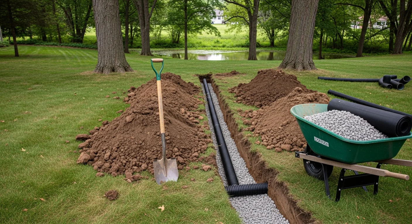 A newly installed French drain system running along the side yard of a Batavia, Illinois residential property, with gravel-filled trench directing water away from the home's foundation. The surrounding lawn shows dry, level ground after recent drainage work was completed.