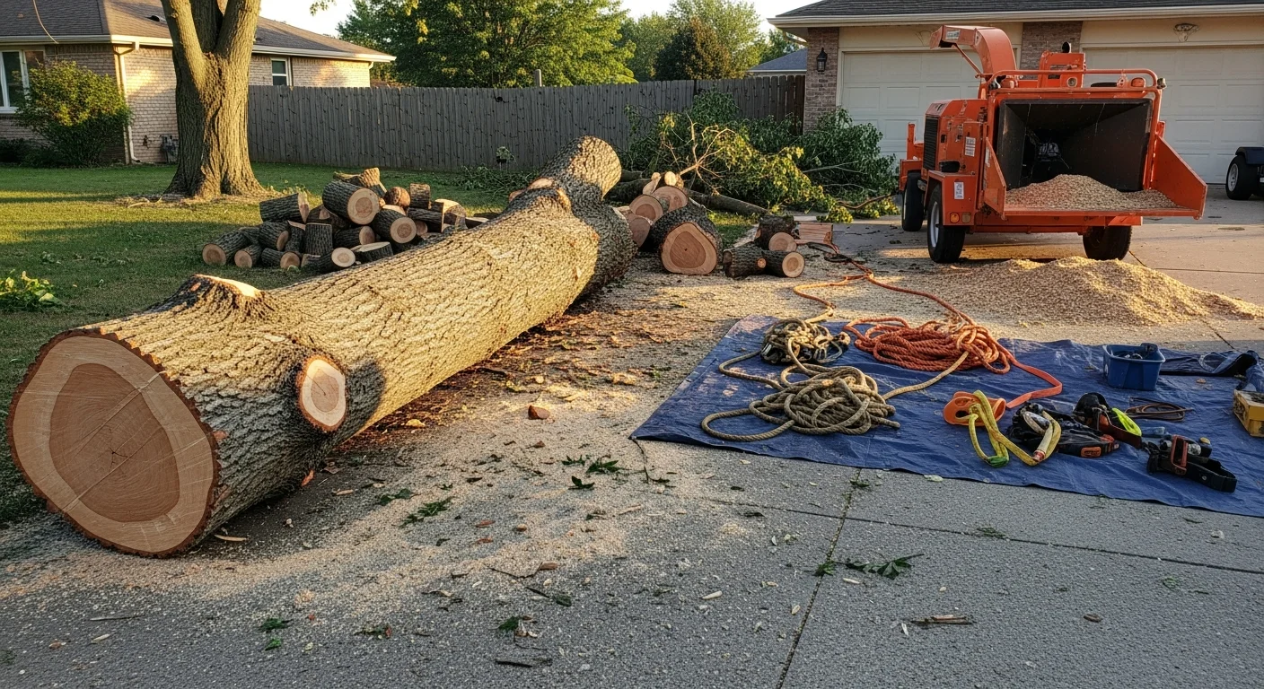 A large storm-damaged maple tree removed from a residential property in Batavia, NY, with a cleared driveway and debris-free yard visible after the job. An Ever Green Tree Service crew works with rigging equipment to section the trunk away from the home's roofline.