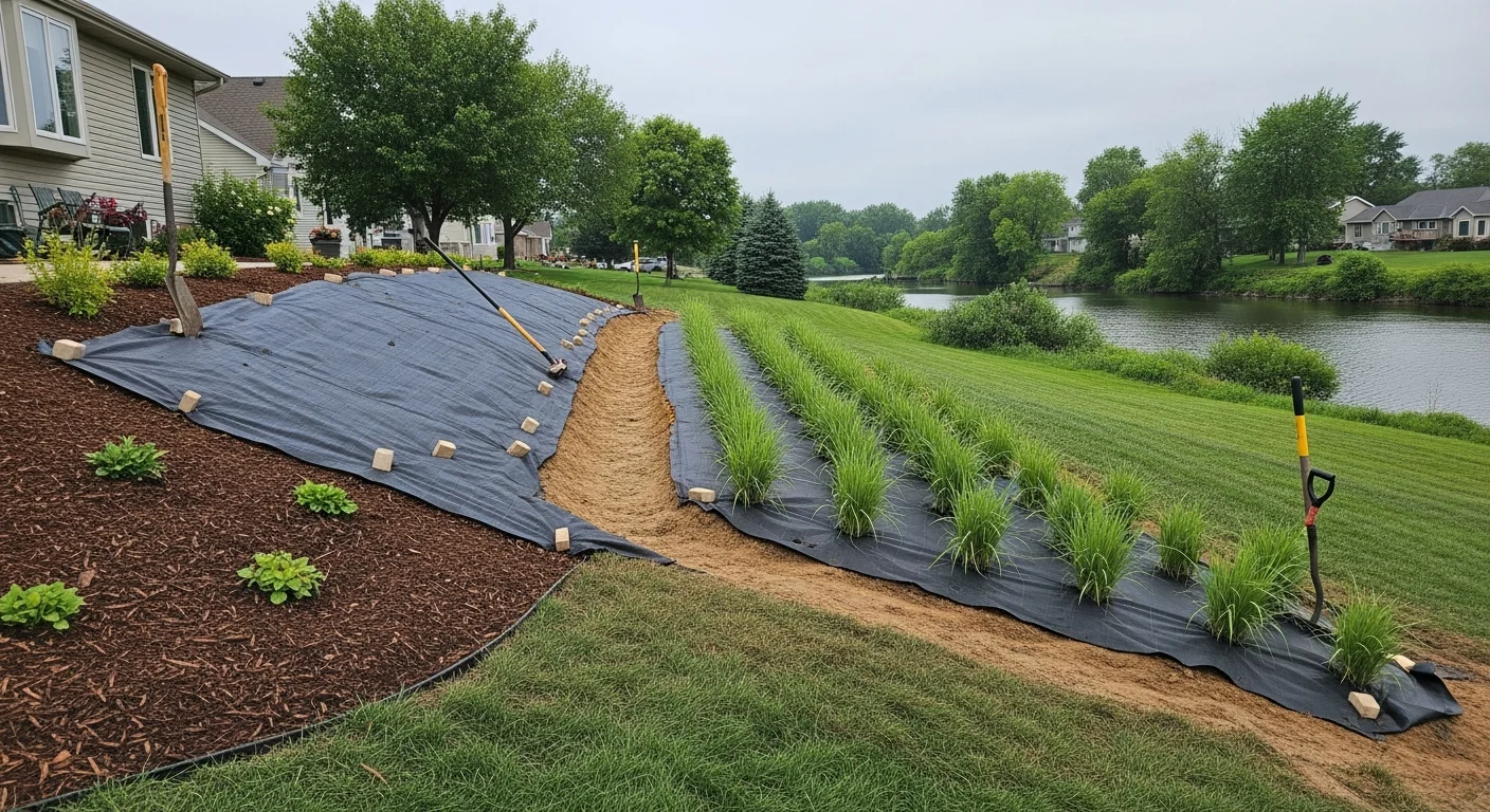 A stabilized sloped yard in Batavia, Illinois with ground cover plantings and a graded swale directing water away from the home. The soil is held in place along a gentle grade with no visible washout or bare patches.