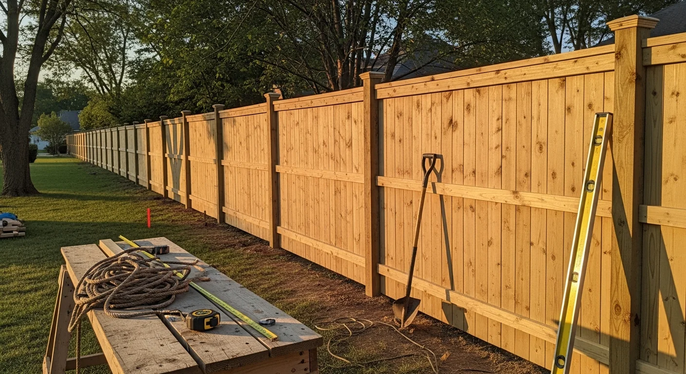 A newly installed wooden privacy fence running along the rear property line of a single-family home in Batavia, Illinois, with mature trees visible in the background. The fence posts are plumb and evenly spaced, with the finished side facing the neighboring yard.
