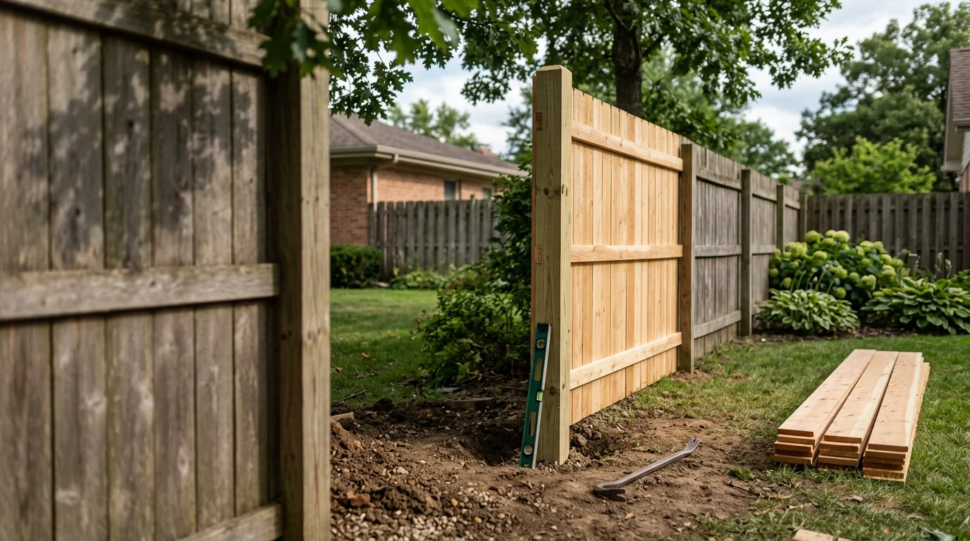 A repaired wooden fence with straight posts and new boards standing in a residential backyard in Batavia, Illinois. The fence line is level and the gate is properly aligned after professional repair work.