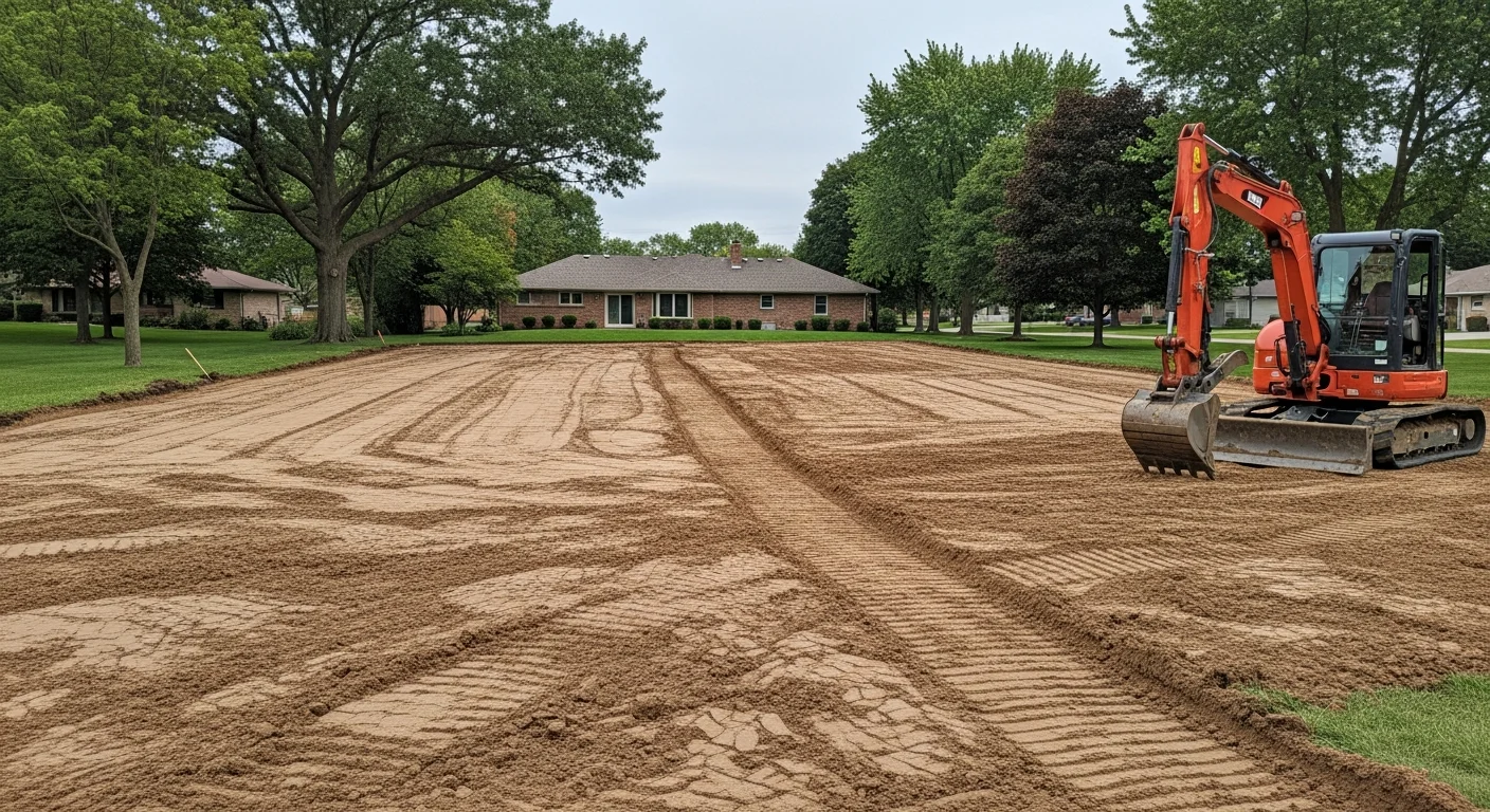 A Batavia residential backyard after grading and site preparation, showing smoothly sloped soil graded away from the home's foundation with no standing water or low spots visible. The reshaped yard is ready for sod or a drainage system installation.