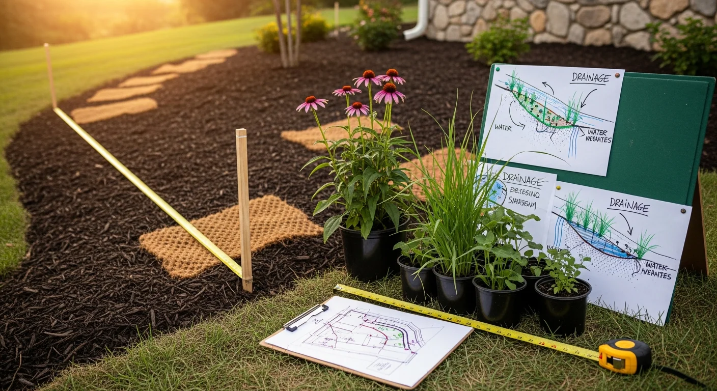 A professionally designed front yard at a Batavia, Illinois home showing layered planting beds, defined lawn edges, and mixed shrubs suited to the Midwest climate. The design follows the slope of the lot toward the street with clean bed lines and structured plant groupings.