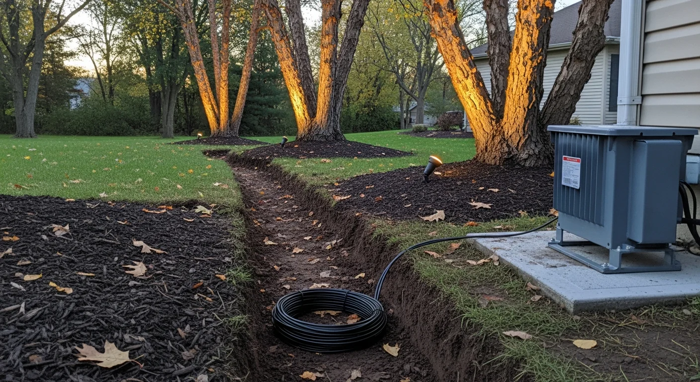 Landscape lighting installed by Ever Green Tree Service along a residential walkway and garden bed in Batavia, IL, with uplights casting light on mature trees against a dark evening sky. Low-voltage path fixtures line a curved front-yard path leading to the home's entrance.