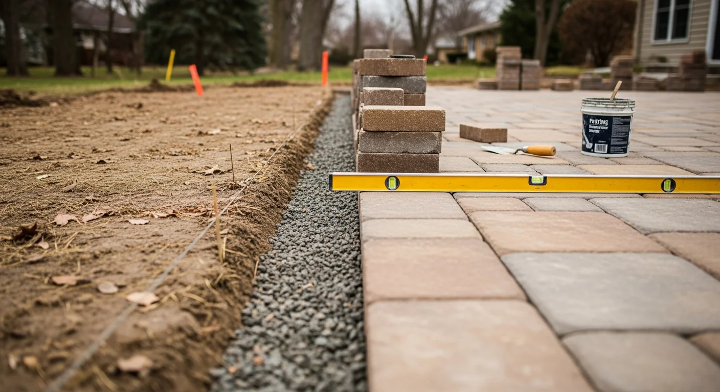 A completed stone patio and retaining wall installed at a residential property in Batavia, NY, with clean mortar joints and level surface grading. The wall holds a sloped backyard in place while the patio extends from the rear of the home.