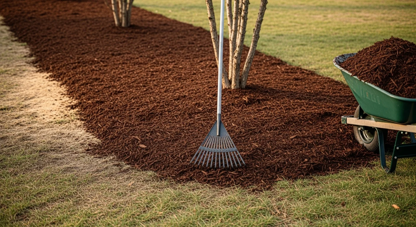 Freshly installed dark hardwood mulch covering a residential garden bed in Batavia, Illinois, with clean edges and mulch pulled back from tree trunk bases. A well-maintained front yard planting border with uniform mulch depth surrounding ornamental shrubs on a Batavia property.