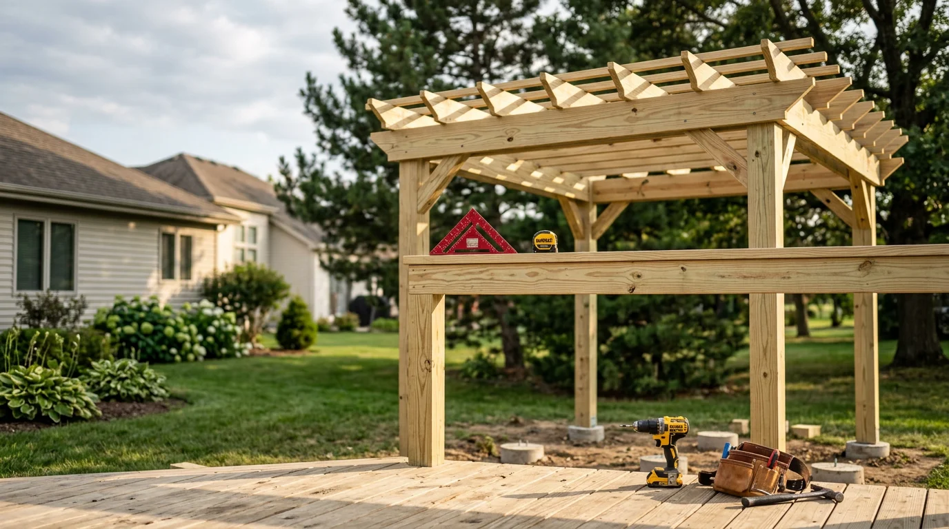A custom wood pergola built by Ever Green Tree Service in a Batavia backyard, with open rafters overhead and a patio area below. The structure sits level on concrete footings with clean post-to-beam connections visible at each corner.