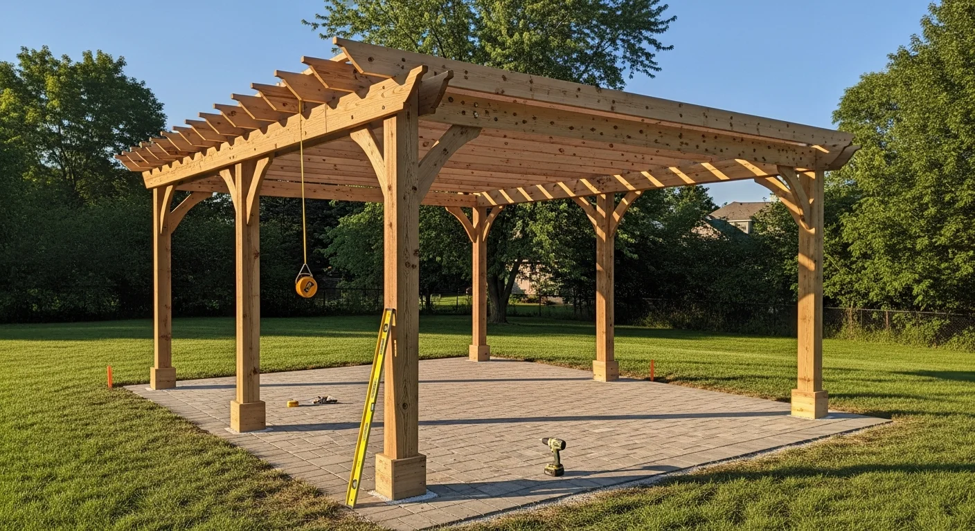 A custom wood pergola installed in a Batavia, IL backyard, positioned over a paver patio with open beam rafters providing partial shade. The structure sits adjacent to a residential home with a defined outdoor dining area beneath the frame.