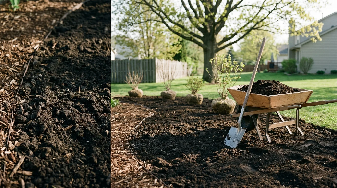 A landscaping crew from Ever Green Tree Service installing ornamental shrubs and perennials along a residential property border in Batavia, Illinois. Freshly turned soil surrounds newly placed plants in a clean, defined bed along the front of a suburban home.