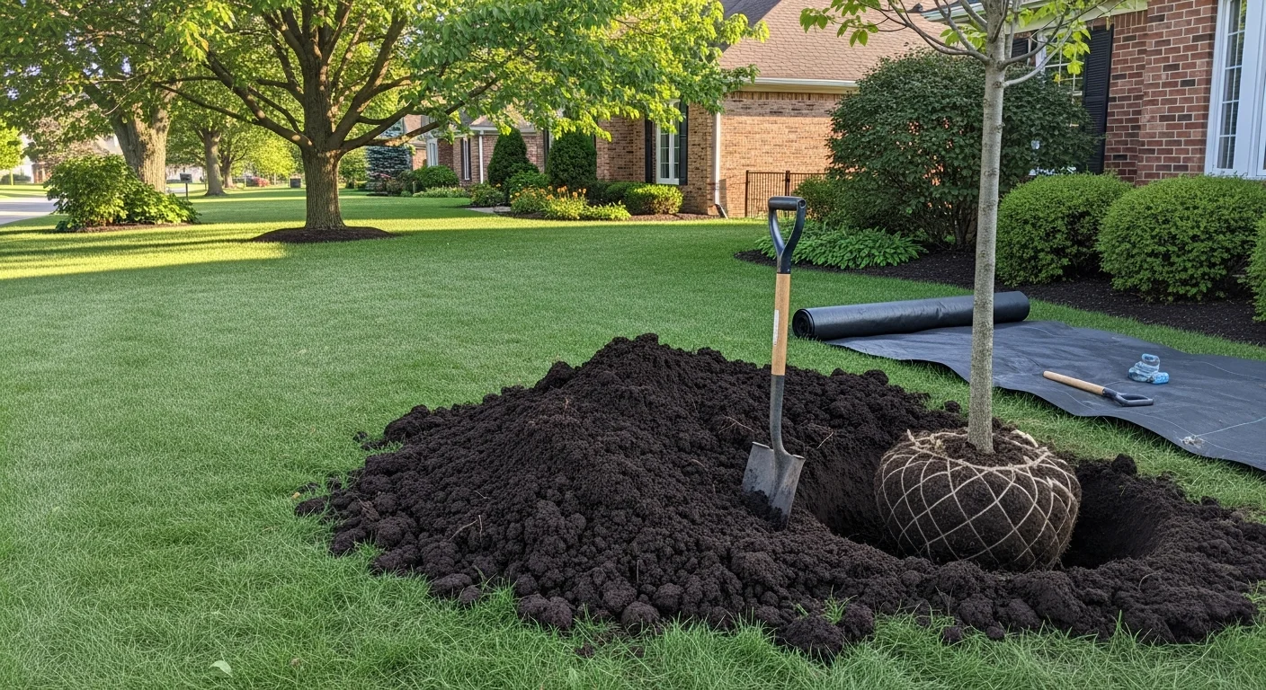 A Batavia residential front yard with newly planted shrubs and perennials arranged along a mulched bed beside a single-family home. Ever Green Tree Service crew members are visible placing plants into prepared soil on a clear Illinois afternoon.