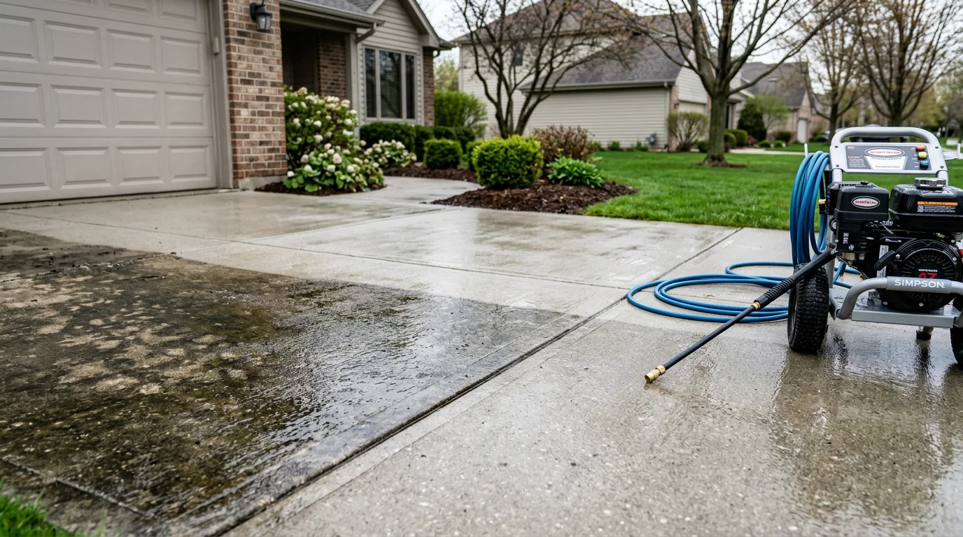 A concrete driveway in Batavia, Illinois shown after power washing, with clean gray surface free of dark staining and algae. The freshly washed concrete contrasts with the surrounding lawn and leads to a residential garage.