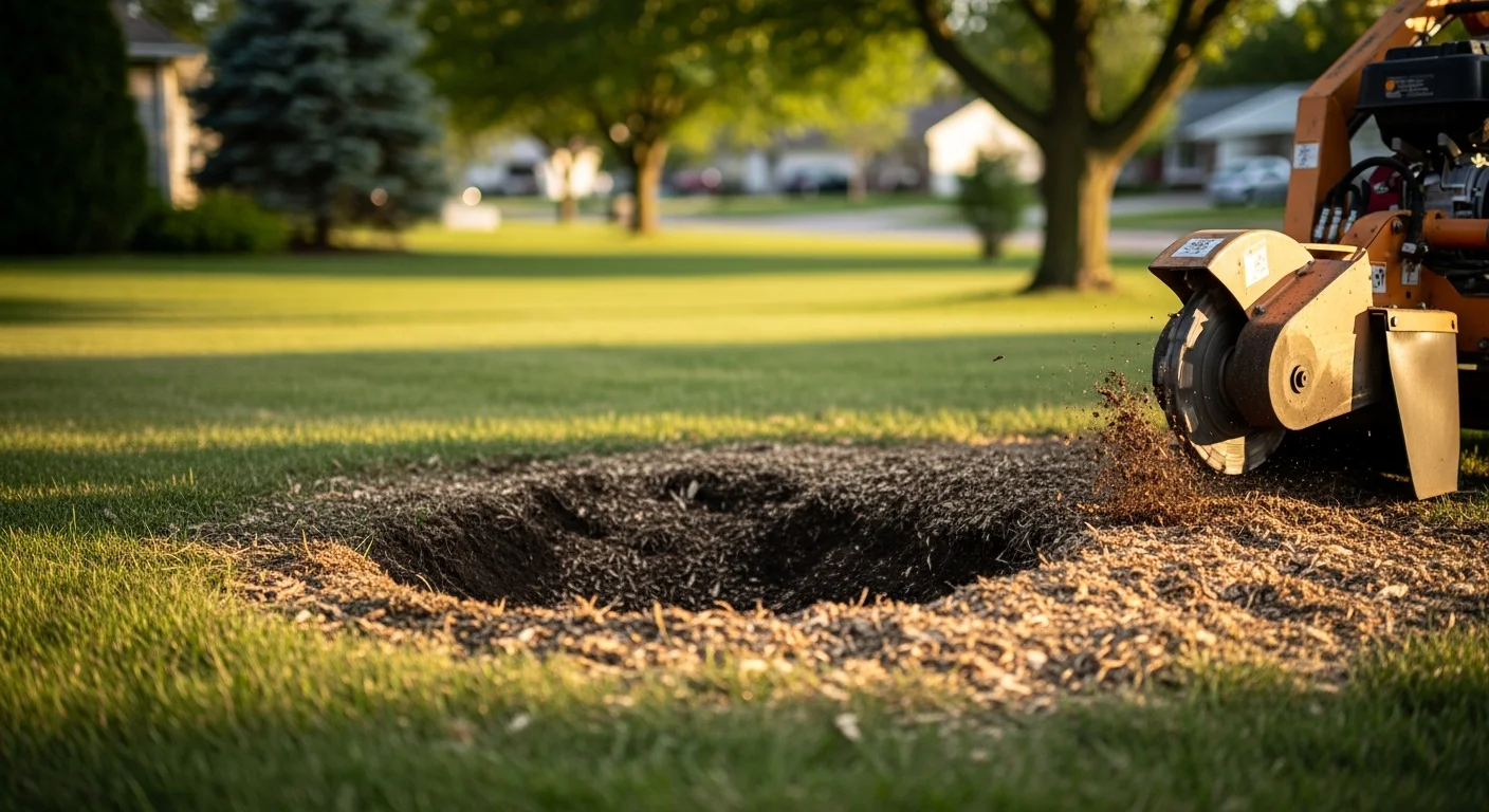 A freshly ground tree stump in a Batavia, IL residential backyard, with wood chip debris spread around the level ground where the stump once stood. An Ever Green Tree Service crew member operates a stump grinder near a wooden fence line.
