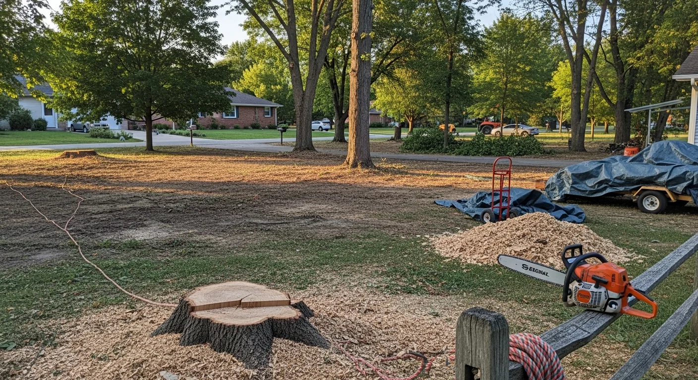 A large dead elm tree being removed in sections in a residential Batavia, Illinois backyard. A crew member works from above while cut sections are lowered safely away from a nearby fence.