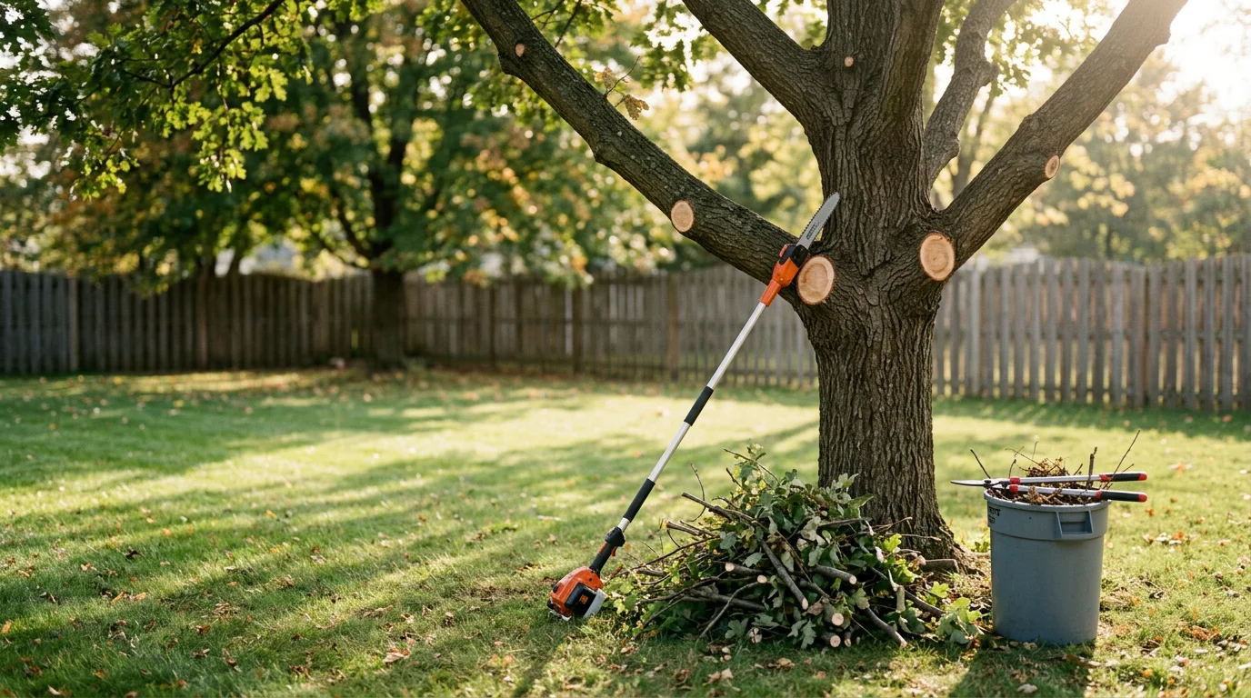 An Ever Green Tree Service crew member trimming the upper branches of a large mature maple tree in a residential backyard in Batavia, Illinois. The surrounding lawn and neighboring homes are visible below the shaped canopy.