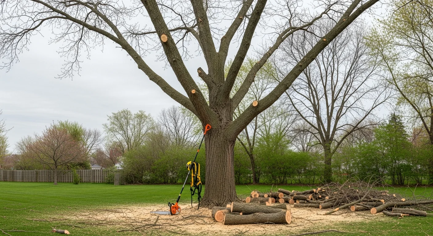 An Ever Green Tree Service crew member trimming the upper crown of a large oak tree on a residential Batavia, IL property. Freshly cut branches on the ground show recent work, with a suburban home and lawn visible in the background.