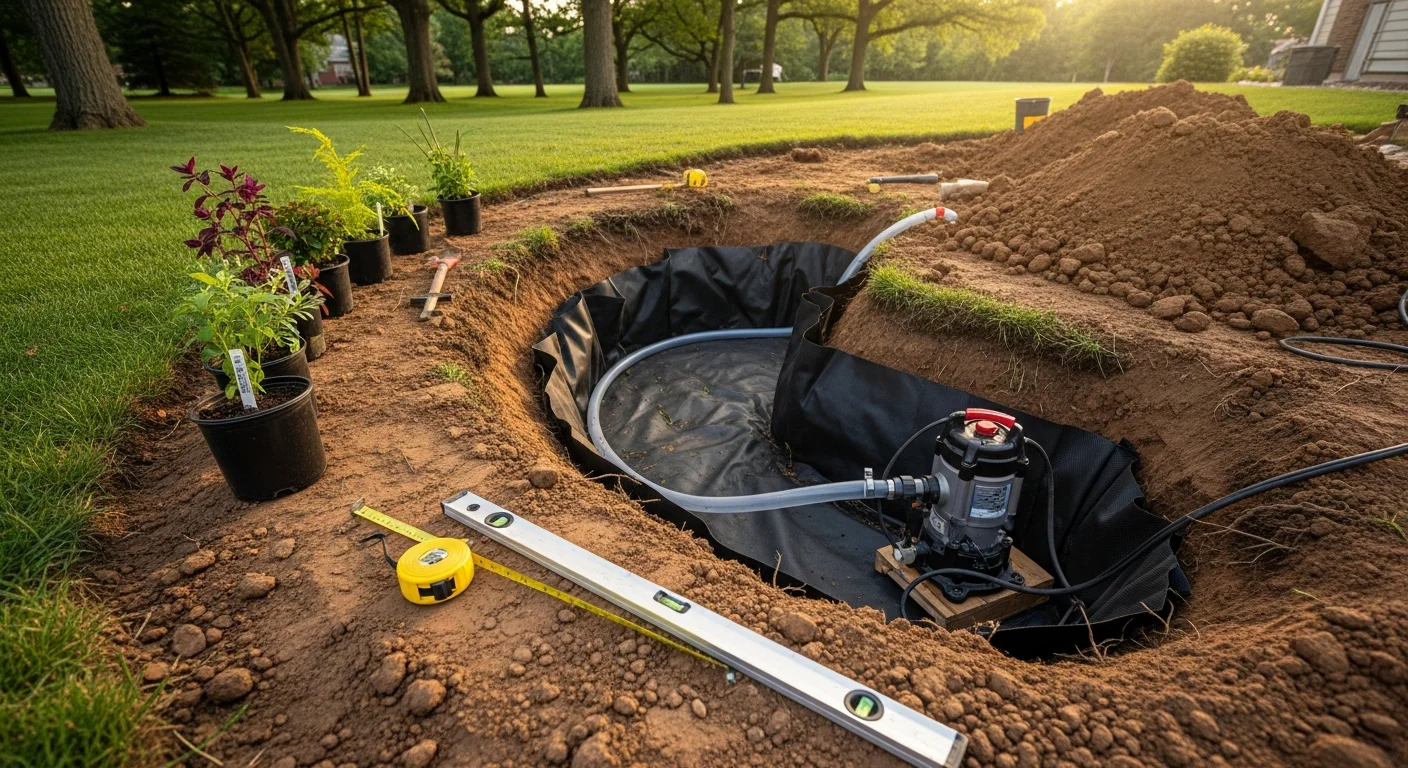 A professionally installed backyard pond with natural stone edging and a small waterfall on a Batavia, Illinois residential property. The surrounding lawn shows graded soil and plantings integrated around the water feature.
